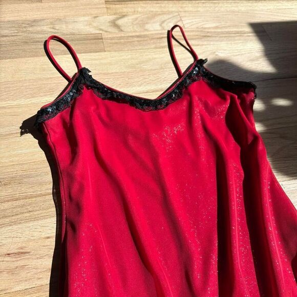 Vintage Red Glitter Slip Dress w/ Black Lace Trim – Size M - Glam Goth - Picture 7 of 8